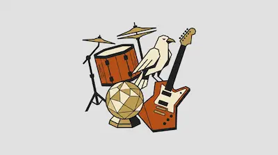 Flat illustration of a white bird perched on a drum set and an electric guitar with a geometric gold trophy