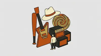 A person stands before a collection of oversized objects including a baseball bat, an electric guitar, a cowboy hat, and amplifiers.