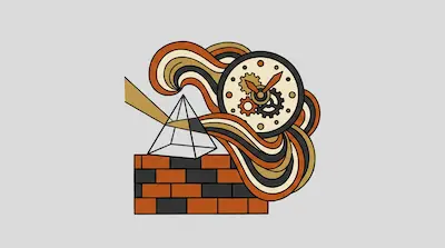 A stylized clock with gears is surrounded by flowing waves that pass through a glass pyramid and over a brick wall.