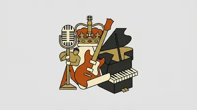 A stylized graphic of a vintage microphone, a crown, an electric guitar, and a grand piano.