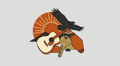 Flat illustration of an acoustic guitar, a motel key, and a soaring eagle silhouette against a setting sun background
