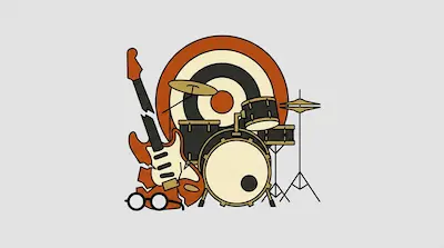 A broken electric guitar, a drum kit, and a pair of glasses are arranged in front of a large circular target.