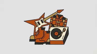 Flat illustration of a star shaped electric guitar, a record player, and leather boots on a light grey background