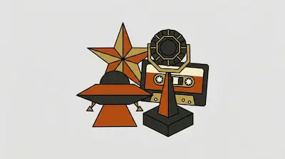 Flat illustration of a cassette tape, a pointed star, and a retro microphone in orange and black on a white background