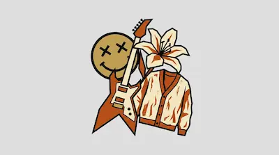 Flat illustration of a smiley face with cross eyes, an electric guitar, and a lily flower on a cardigan sweater.