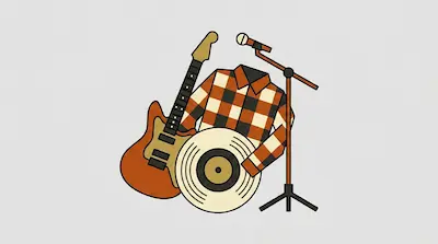 Flat illustration of a plaid shirt, an electric guitar, a vinyl record, and a microphone stand on a gray background