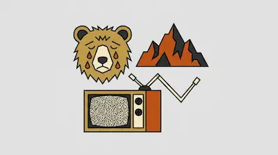 Flat illustration of a crying bear head, a jagged mountain range, and a vintage television with static on the screen