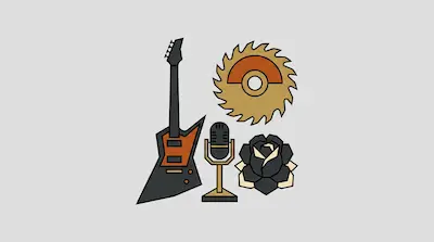 Flat illustration of a black electric guitar, a vintage microphone, a saw blade, and a dark rose on a gray background