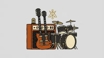 A double-neck electric guitar leans against an amplifier next to a drum kit.