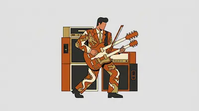 A man in a dragon-patterned suit plays a double-neck guitar with a bow in front of stacked amplifiers.