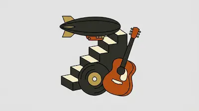 A blimp floats at the top of a staircase next to an acoustic guitar and a vinyl record.