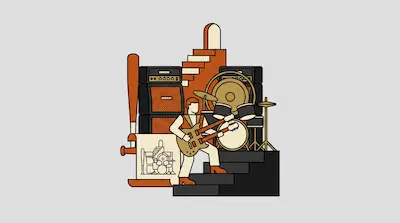 A musician plays a double-neck guitar on a staircase surrounded by amplifiers, a drum kit, and a gong.