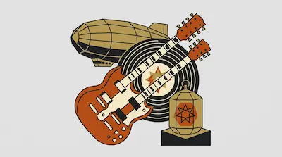A stylized graphic featuring a zeppelin, a double-neck electric guitar, a vinyl record, and a lantern.