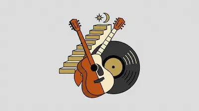 Two crossed acoustic guitars in front of a staircase, with a vinyl record to the right and a star and crescent moon above.
