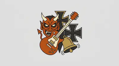 Flat illustration of a red devil head, an electric guitar, a ringing bell, and iron crosses on a gray background