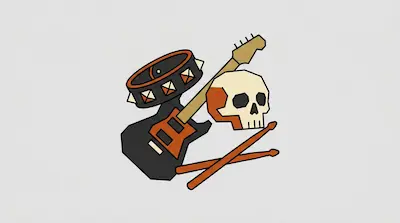 Flat illustration of a black electric guitar, a human skull, drumsticks, and a studded collar on a gray background