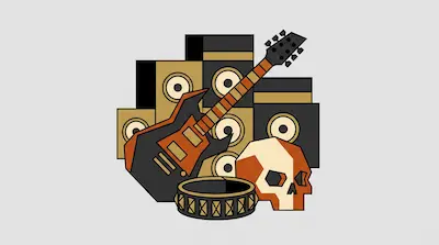Flat illustration of an electric guitar, a human skull, and a stack of speakers in black, orange, and tan tones