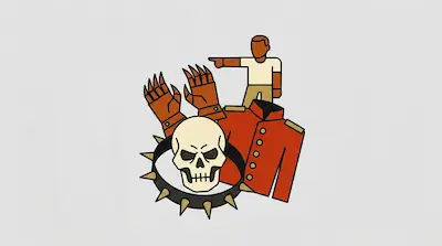 Flat illustration of a skull, a spiked collar, a red uniform jacket, and a man pointing on a light gray background