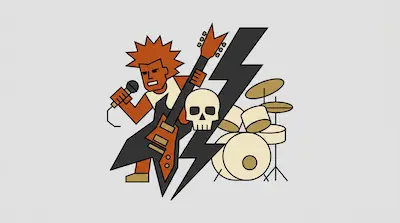 Flat illustration of a punk musician with a guitar, a drum kit, and a skull next to a large black lightning bolt