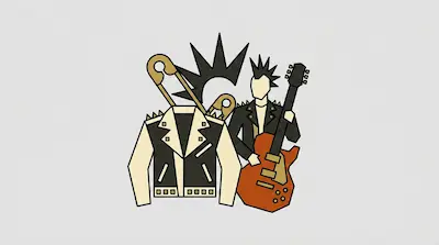 A studded leather jacket, a person with a mohawk playing an electric guitar, and large safety pins.
