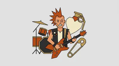 A punk musician with an orange mohawk plays an electric guitar, surrounded by a drum set, a heart-shaped grenade, and a safety pin.