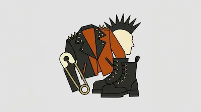 A studded leather jacket, black combat boots, a large safety pin, and a head profile with a mohawk.