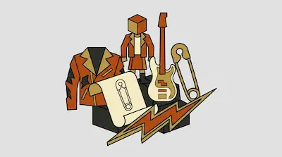 A collection of stylized items including a leather jacket, a blocky figure with a cube head, an electric bass guitar, safety pins, and a lightning bolt.