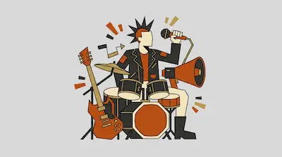 A person with a mohawk sings into a microphone surrounded by a drum set, an electric guitar, and a megaphone.