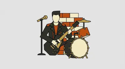A guitarist in a leather jacket performs with a drum kit and microphone in front of a brick wall.