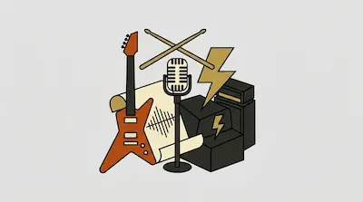 Flat illustration of a rock band setup with an electric guitar, vintage microphone, and drumsticks on a gray background