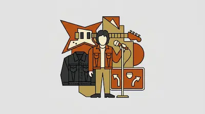 Flat illustration of a singer with a microphone, a star shaped guitar, and a denim jacket on a light gray background