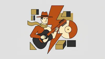 Flat illustration of a man in a hat playing guitar against a lightning bolt, vinyl record, and geometric shapes