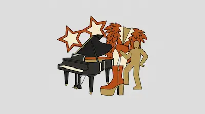 Flat illustration of a grand piano, a feathered orange costume, and a platform boot against a light gray background