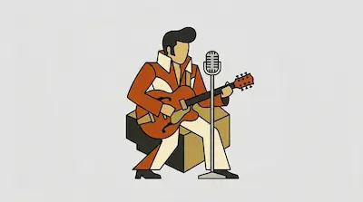 Flat illustration of a man with a pompadour playing an acoustic guitar into a vintage microphone on a gray background
