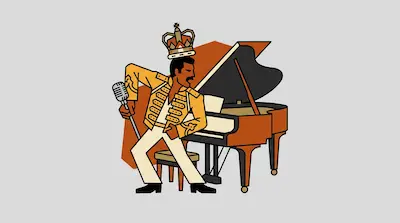 Flat illustration of a man with a crown and yellow jacket holding a microphone next to a grand piano on a gray background