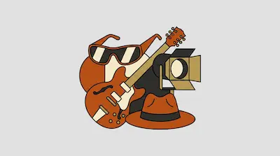 Flat illustration of an electric guitar, sunglasses, a fedora hat, and a studio light on a grey background