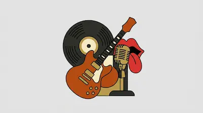 A vinyl record, an electric guitar, a vintage microphone, and red lips with a tongue sticking out are clustered together.