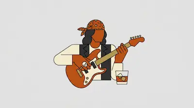 A person with a bandana and long hair plays an electric guitar next to a glass with ice.