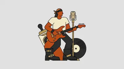 A person wearing a headband plays an electric guitar next to a microphone and a vinyl record.
