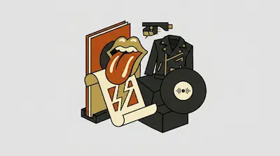 A leather jacket, a vinyl record, a turntable needle, and a tongue and lips logo are grouped together in a stylized arrangement.
