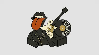 A black leather jacket, an open mouth with a protruding tongue, an electric guitar, and a vinyl record.