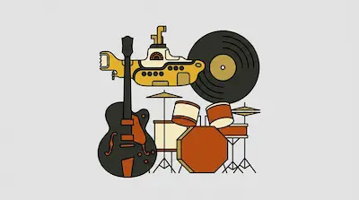 A yellow submarine, a black electric guitar, a drum kit, and a vinyl record are arranged in a minimalist graphic.