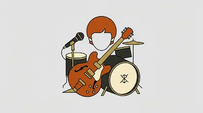 A minimalist graphic of a faceless head with orange hair surrounded by an electric guitar, a drum kit, and a microphone.