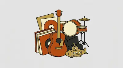 An acoustic guitar, a drum set, and vinyl records are grouped together with a small submarine.