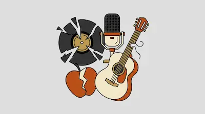 A broken vinyl record, a microphone, a broken acoustic guitar, and a cracked apple.