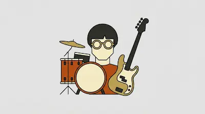 A person with round glasses is surrounded by a drum kit and an electric bass guitar.