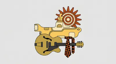 A yellow submarine, a sun with rays, an acoustic guitar, and a patterned necktie are clustered together.