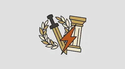 A laurel wreath, a sword, a classical column, and an orange lightning bolt are arranged together in a stylized graphic.