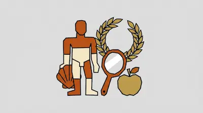 A stylized human figure stands next to a seashell, a laurel wreath, a hand mirror, and an apple in shades of orange and gold.