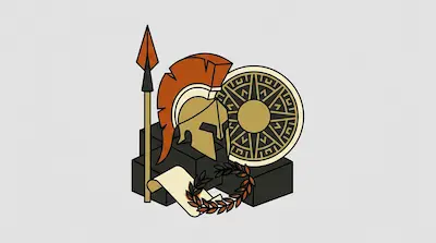 A gold helmet with a red crest, a spear, a round shield, a laurel wreath, and a scroll rest on dark blocks.